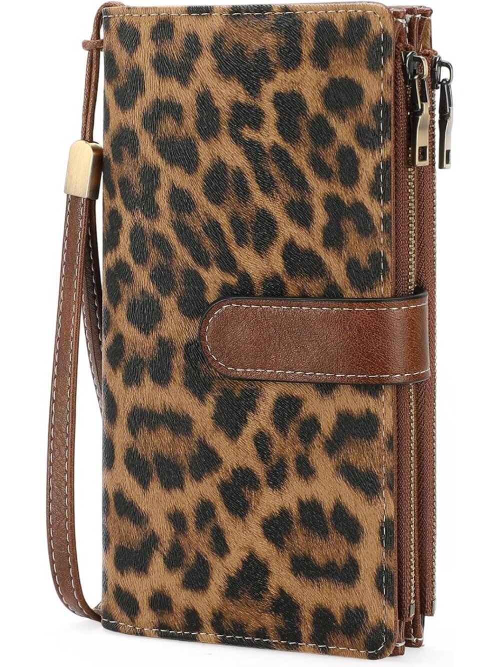 Stylish Large Leather Wallet for Women - Leopard Print Wristlet Clutch, Chic